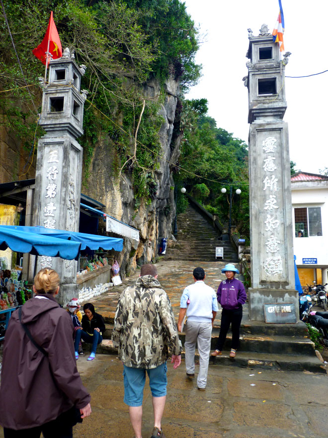 Starting the long climb up the steps to the top of Thuy Son