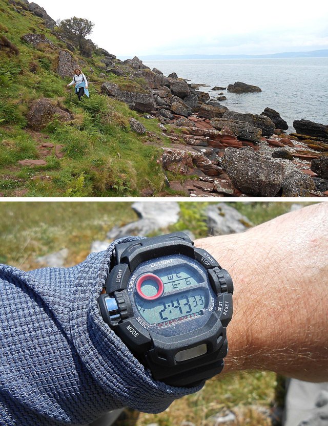 Tackling the rugged coastline around the Cock of Arran and checking timings for tides and distances!