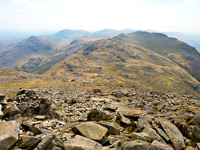 Looking down toward Three Tarns form the route up Bowfell