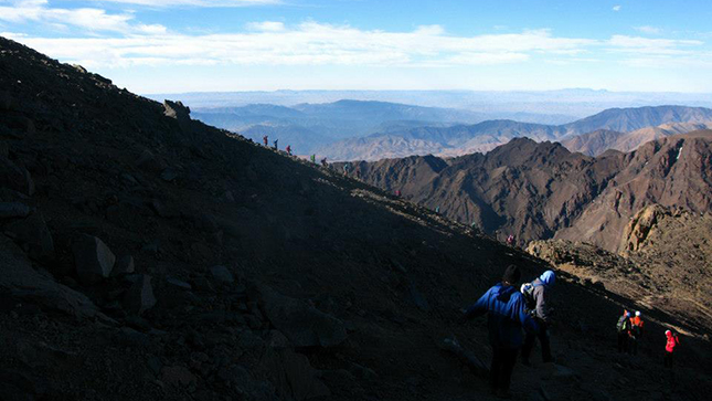 Descending the treacherous scree slopes on Toubkal
