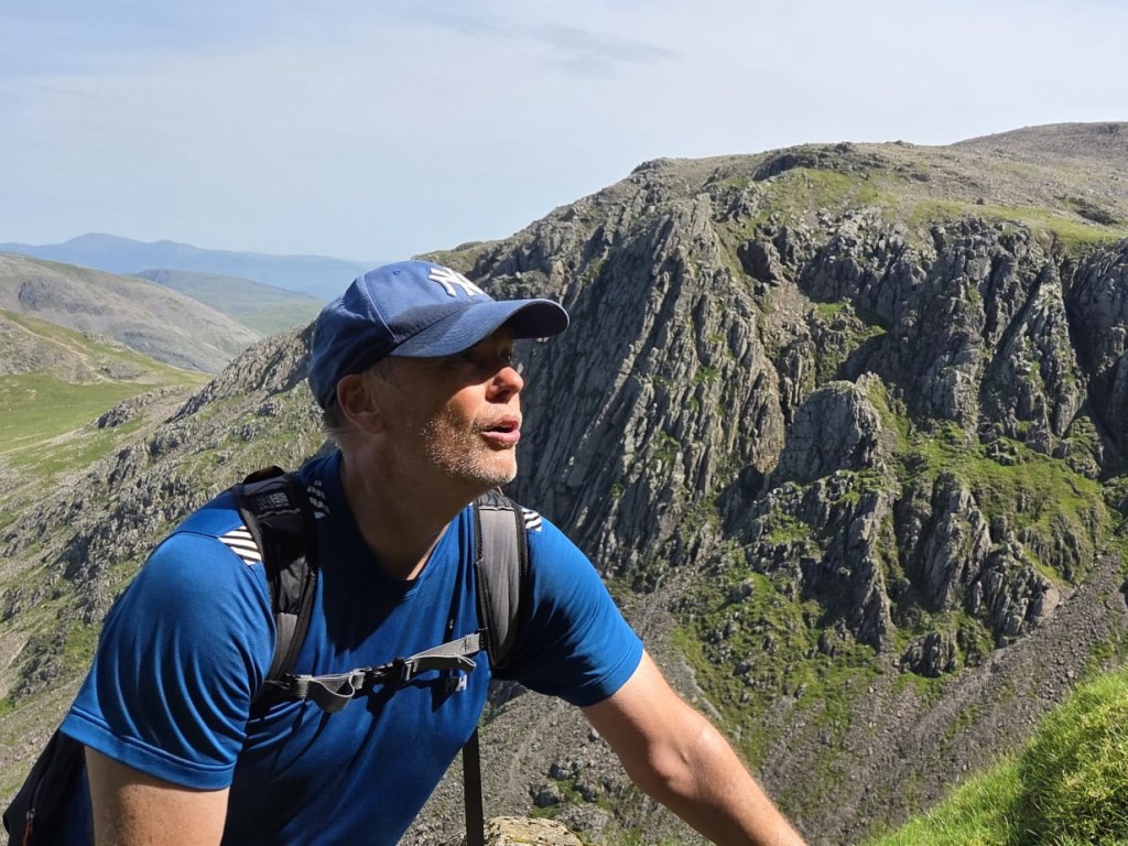 Scafell Pike in the background from the top of The West Wall Traverse